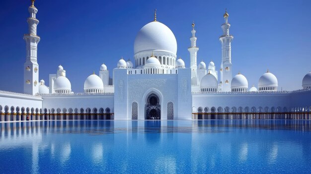 Photo a white mosque with a blue background and a reflection of a white mosque in the water