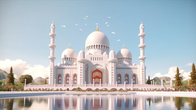 A white mosque with a blue sky and birds in the background