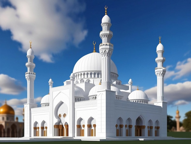 a white mosque with a blue sky and clouds in the background