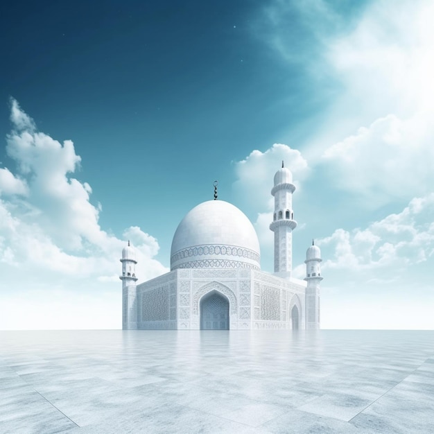 A white mosque with a blue sky and clouds