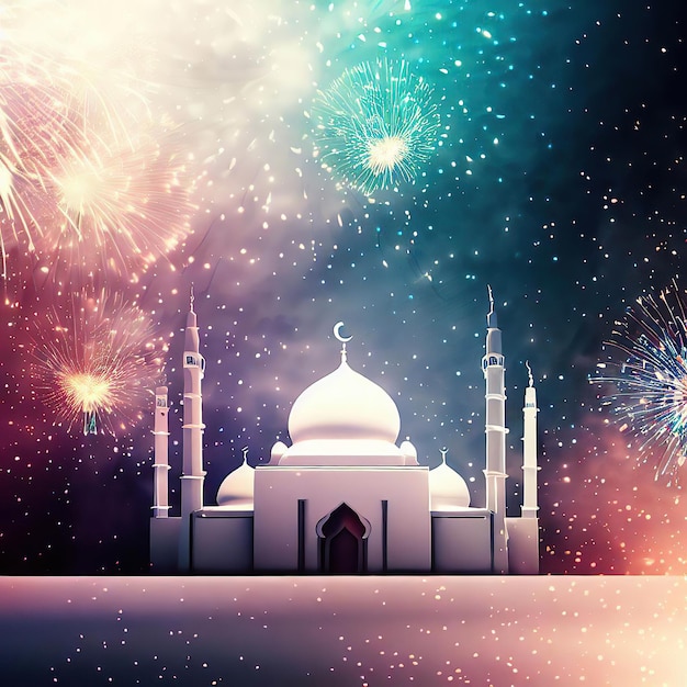 A white mosque with fireworks in the background