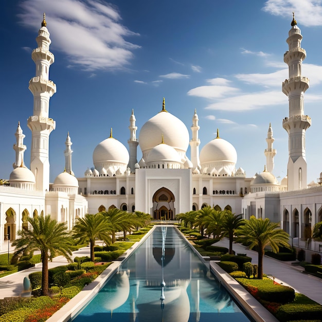 Photo a white mosque with a pool of water and palm trees