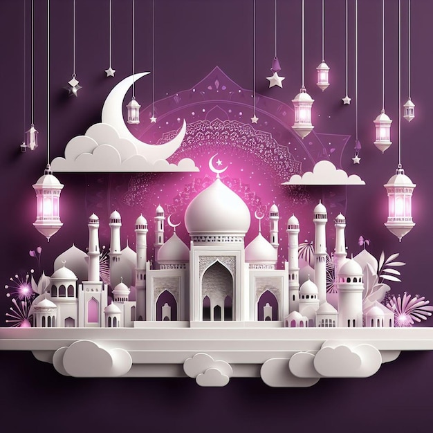 a white mosque with a purple background and a white mosque on the top