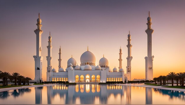 a white mosque with a reflection of the sky and the sun setting behind it