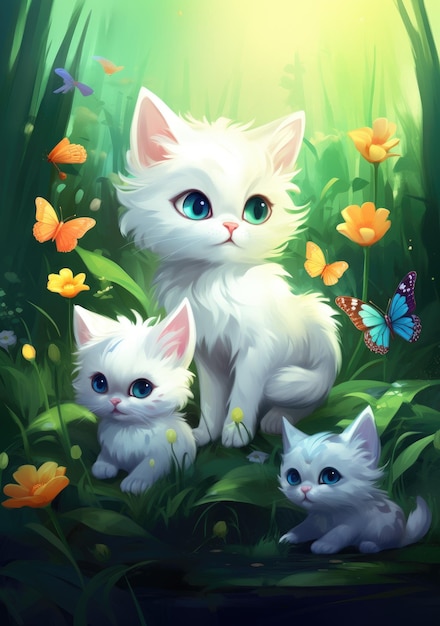 White mother cat with kittens on green grass outdoors