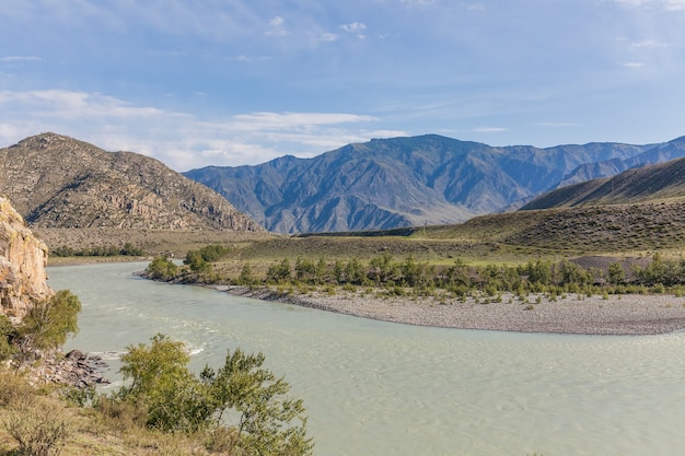 White mountain river in Altai. Summer View of Altai