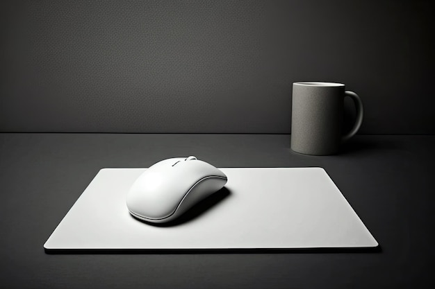 A white mouse sits on a white mousepad next to a mug.