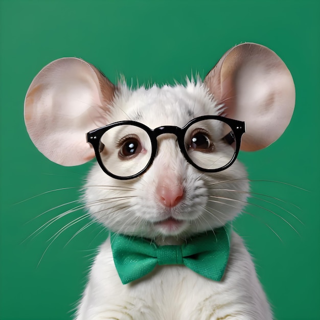 Photo a white mouse wearing glasses and a green bow tie