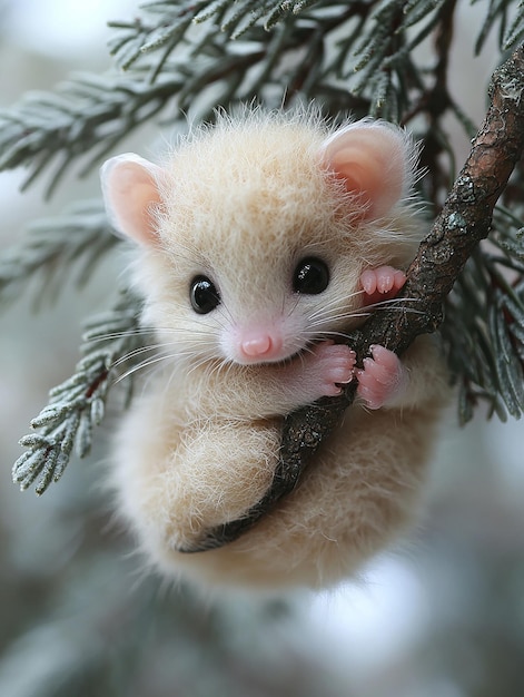 Photo a white mouse with a pink nose is hanging on a branch