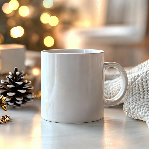 Photo white mug on cozy winter background with pine cones and knitted fabric warm bokeh light background