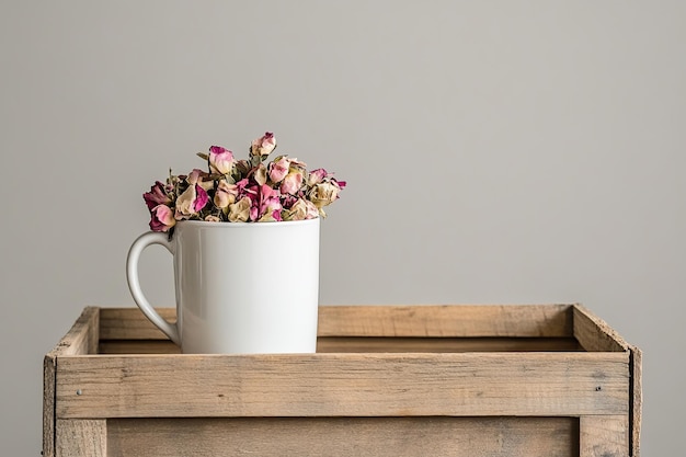 A white mug filled with dried pink roses sits on a wooden crate against a gray background