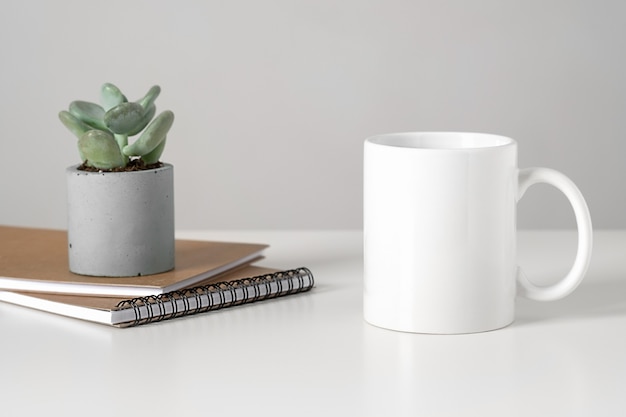 White mug mockup on table in minimalist interior, business concept, succulent and notepads.