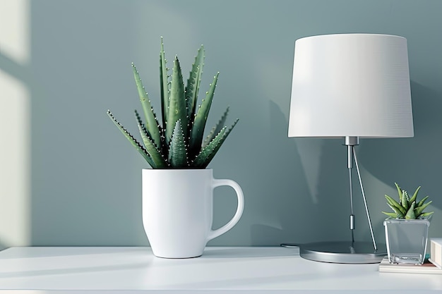 Photo white mug mockup with a lamp aloe vera plant and workspace accessories on a white table