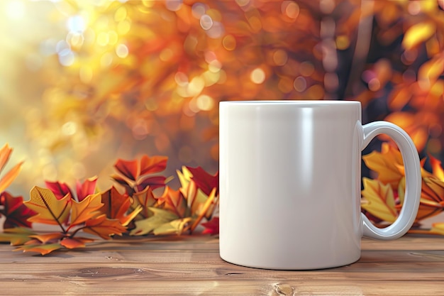 White Mug Mockup on Wooden Table with Autumn Decor