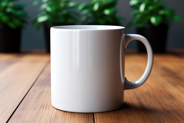 White mug mockup on wooden table