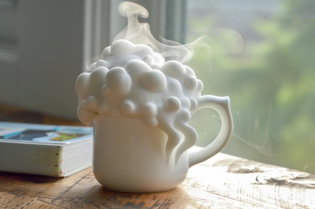 White mug overflowing with sudsy soap forming cloud shapes by window