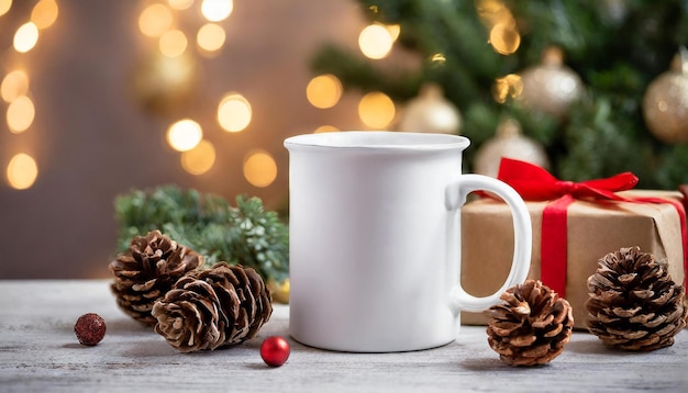 a white mug and a pine cone are on a table next to a christmas tree