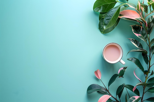 White Mug of Pink Beverage With Green and Pink Leaves on a Teal Background Generative AI