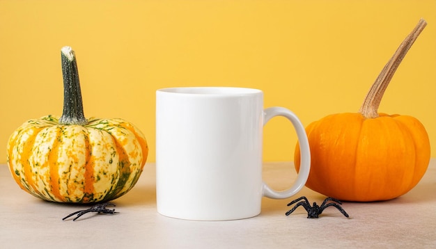 a white mug next to a pumpkin and pumpkins on a table