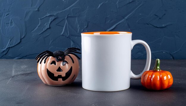 a white mug and a pumpkin that has a pumpkin on it