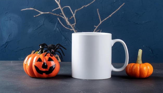 a white mug and pumpkins with a pumpkin face on the front