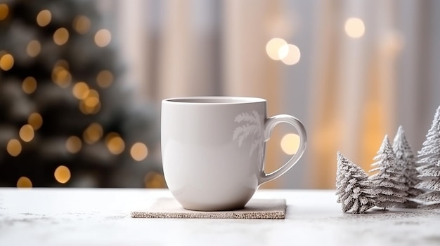 A white mug sits on a coaster next to a christmas tree.