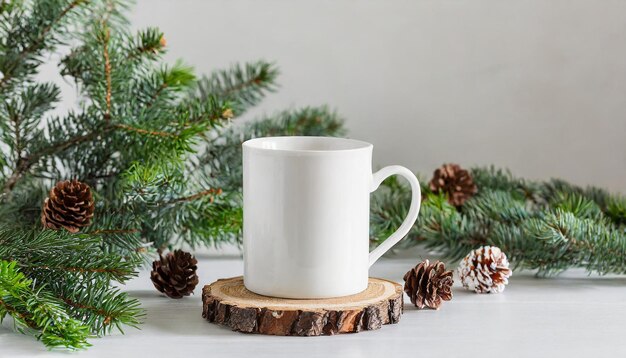 a white mug sits on a log with pine cones around it