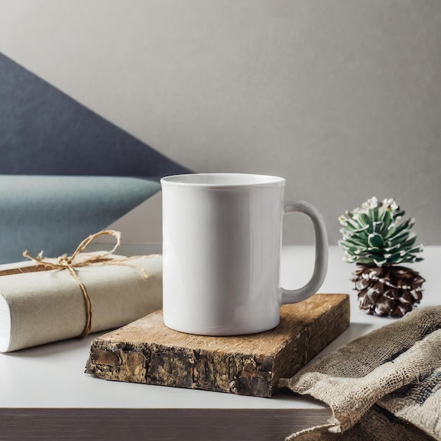 a white mug sits on a table next to a pine cone