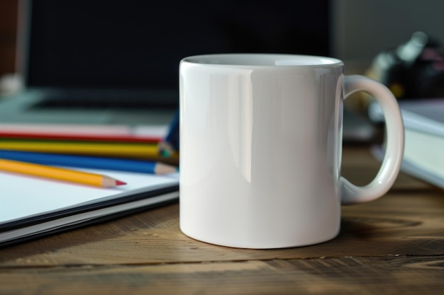 A white mug sits on a wooden desk surrounded by art supplies