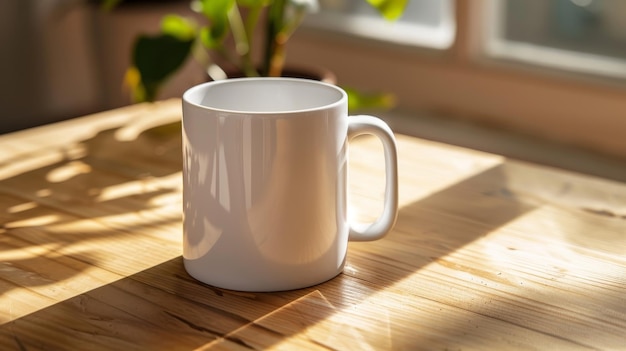 Photo a white mug sits on a wooden table in front of a window