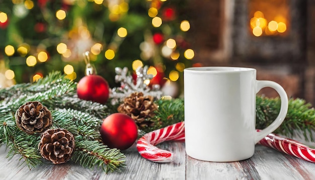 Photo a white mug sits on a wooden table with a christmas tree in the background