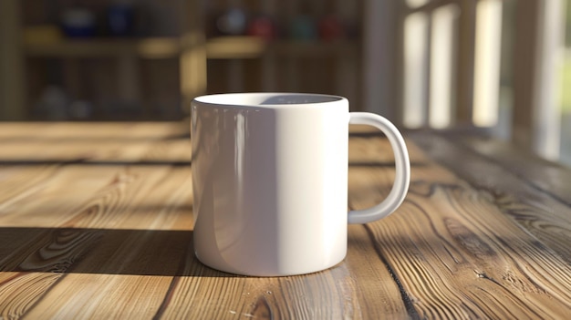 a white mug sits on a wooden table with a window behind it