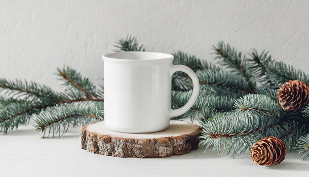 a white mug that is sitting on a log