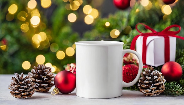 a white mug and a white mug with a red hat on it