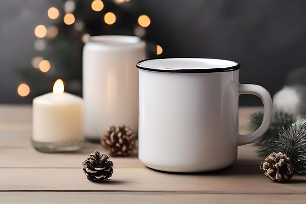 Photo a white mug with a black handle sits on a table with a christmas tree in the background