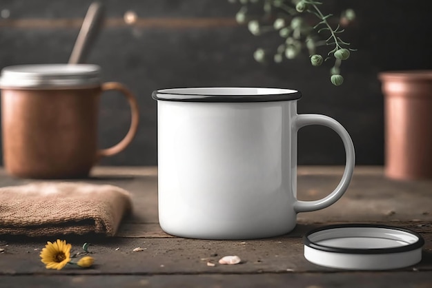 A white mug with a black rim and a white label that says'coffee'on it.