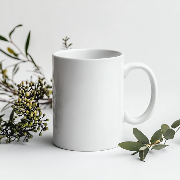 a white mug with a bunch of flowers and a bunch of leaves on it