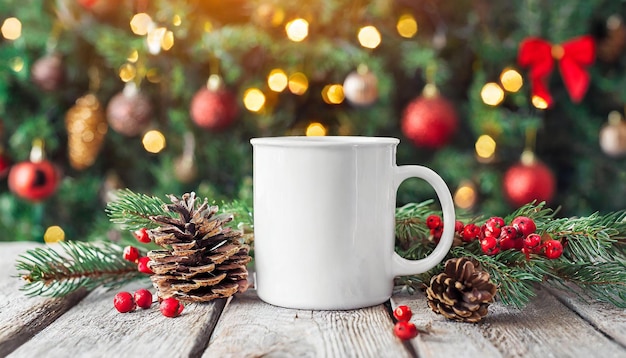 a white mug with a christmas tree in the background