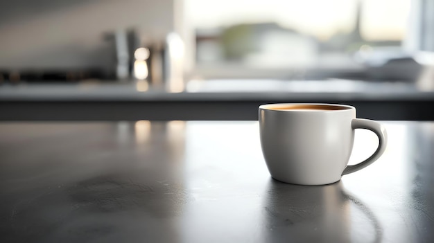 A white mug with coffee sits on a countertop