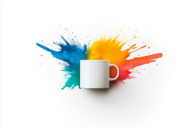 Photo white mug with colorful paint splashes in blue yellow and red on a white background creativity