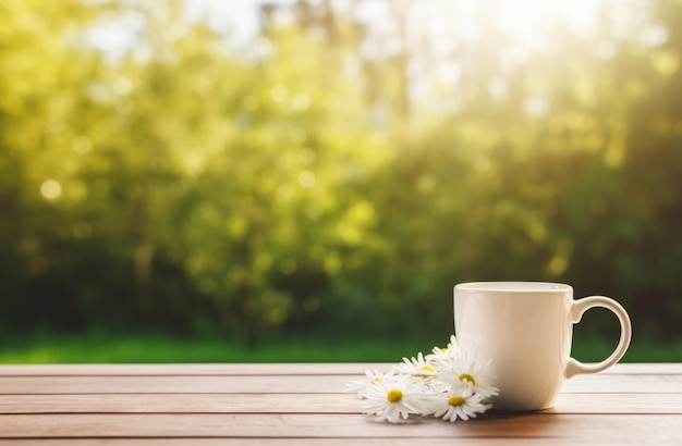 a white mug with daisies sitting on top of a table with grass on top