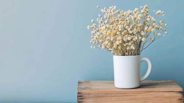 A white mug with dried flowers on a wooden box against a blue wall leaving space for text