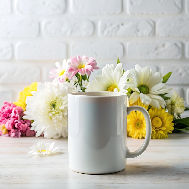 a white mug with a flower in the middle of it