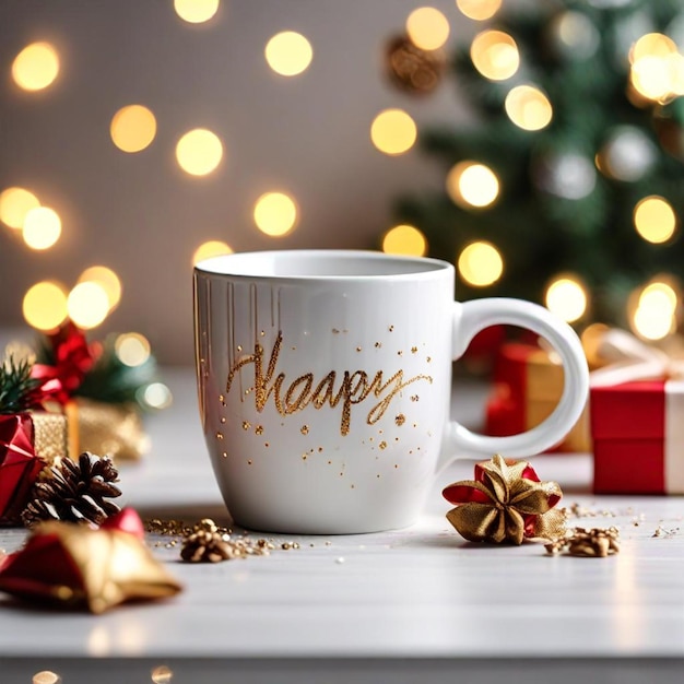 Photo a white mug with a gold foil on it that says happy holidays