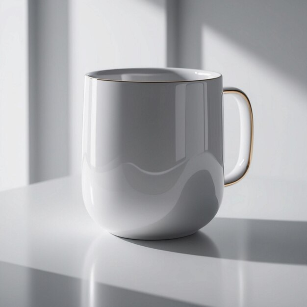 a white mug with a gold handle sits on a counter