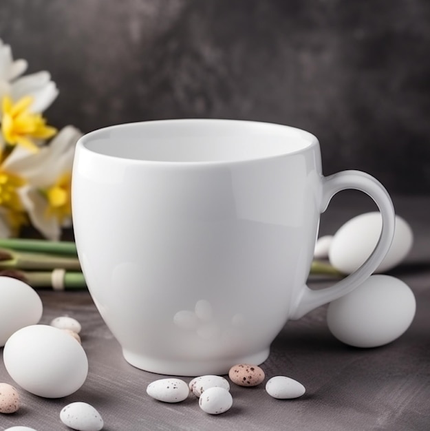 A white mug with a handle and a white mug with a bunch of flowers behind it.