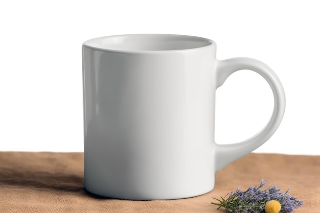 A white mug with a lavender flower on it.