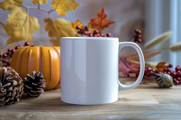 a white mug with a pine cone next to it that has a pine cone on it