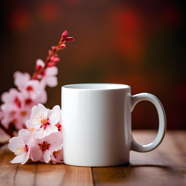 A white mug with a pink flower Japanese cherry blossoms at background wodden table