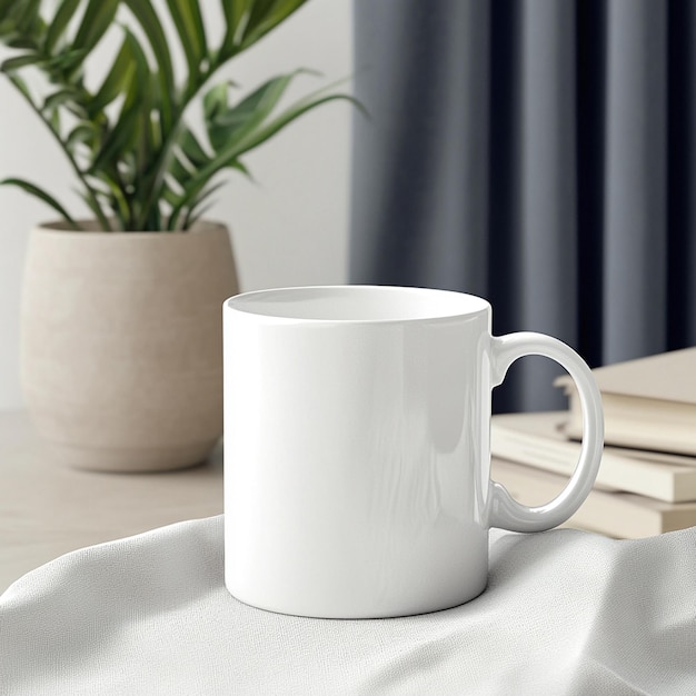 a white mug with a plant in the background and a plant in the background